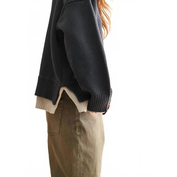 NEW MIOU MUSE color combo v-neck sweater top in navy - Picture 5 of 5